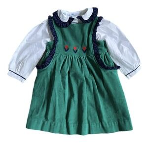 Vintage 80s Melissa Jackson Corduroy Jumper Dress Top Girls 4T Green Embroidered